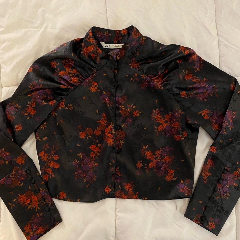Zara Black Floral Satin Blouse - Picture 3 of 11